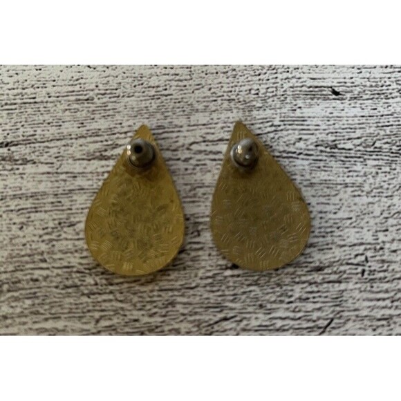 Cloisonne Enamel Teardrop Earrings Flower Stud Blue Gold Tone 1" Tall - Picture 4 of 4